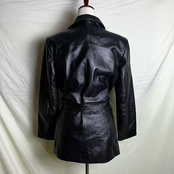 Worthington Belted Leather Jacket Zip Up Short Trench Black Y2K Vintage Medium - Picture 3 of 8
